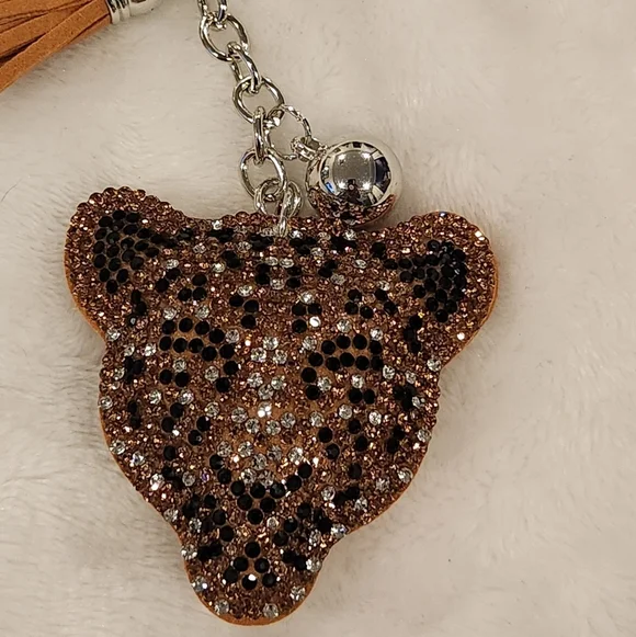 Leopard Brown Rhinestone Keychain Bag Charm - Picture 2 of 3
